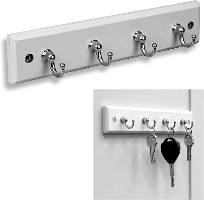 Wall Mounted Key Rack Rail Hanger Key Holder Wall Mount with 4 Hooks Hanging Storage Keys Organizer Home Decor (White)