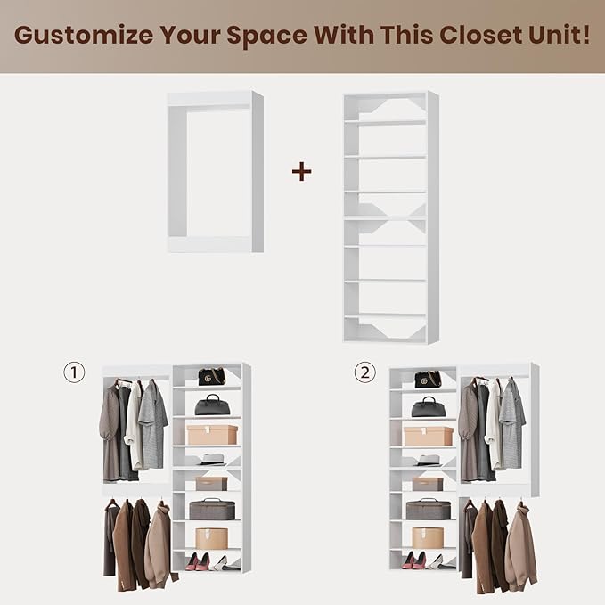 ROOMTEC Modular Closet System, 40" Wall-Mounted Closet Organizer with Hanging Rods and Shelves, Wooden Tower for Walk-In Closets, Wardrobe Storage Kit, White