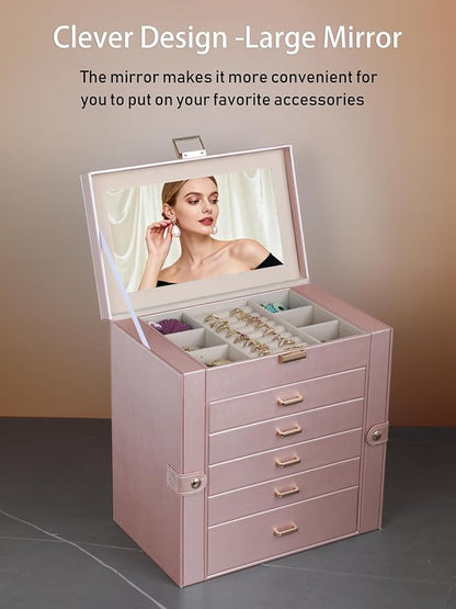 BOOVO Jewelry Box For women, 6 Layer Large Jewelry Organizer With Mirror, Multi-Function Storage Box With Lock, Necklace Holder With 5 Drawers, For Earrings Necklace Bracelet (Rose Gold and Gold)
