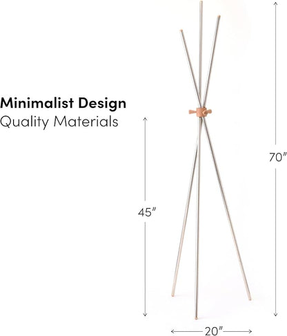 Coat Stand 70", Stainless Steel and Beech Wood, Freestanding Entryway Hall Tree for Hanging Hats/Bags/Purse/Jackets/Accessories, Modern Minimalist Design