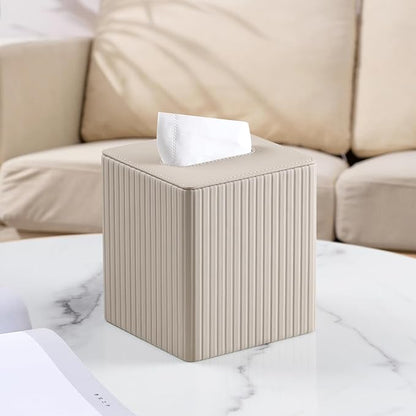 MEIBOOCH PU Leather Tissue Box Cover Square Tissue Box Holder with Magnetic Closure (Beige Stripe)