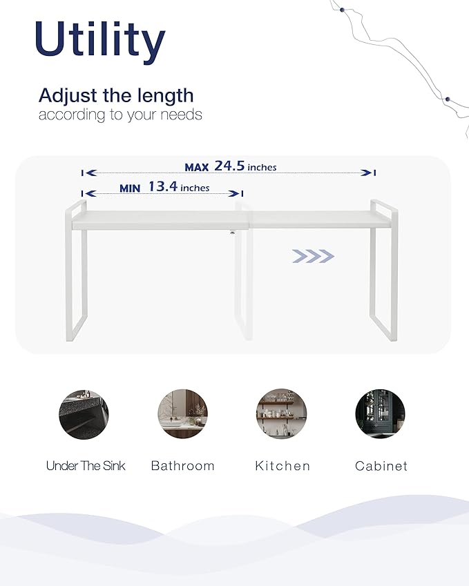 Nxconsu Cabinet Shelf Organizer Expandable, 10.3 Inch Deep Adjustable 13 to 24 Inch Metal Shelf Riser for Kitchen Pantry Cupboard Countertop Under Sink, Heavy Duty Stackable Storage Rack, White