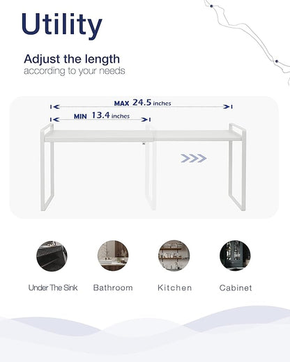 Nxconsu Cabinet Shelf Organizer Expandable, 10.3 Inch Deep Adjustable 13 to 24 Inch Metal Shelf Riser for Kitchen Pantry Cupboard Countertop Under Sink, Heavy Duty Stackable Storage Rack, White