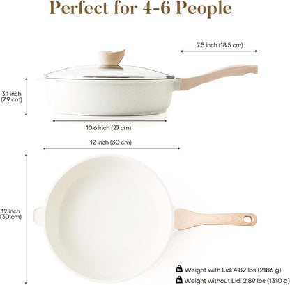 Kordisen Nonstick Ceramic Deep Frying Pan, 12 Inch Non Toxic Large Skillet with Lid, 5 Qt Healthy Jumbo Cooker, Saute Pan for Cooking, Induction Cookware, PFOA & PFAS Free (Cream)