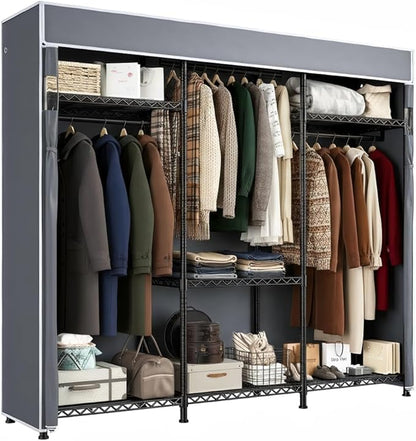 Raybee Clothes Rack with Cover, Clothing Racks for Hanging Clothes with Adjustble Shelves,Portable Closet 15.74''D x 56.02''W x 75.4''H Hold 800LBS for Bedroom, Apaertment, Dorm, Space Saving, Grey