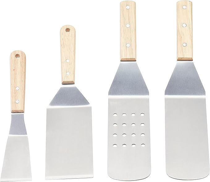 Amazon Basics 4-Piece Stainless Steel BBQ Grilling Tool Set for Outdoor Cooking, Griddle Spatula, Heat Resistant, Dishwasher Safe, Silver