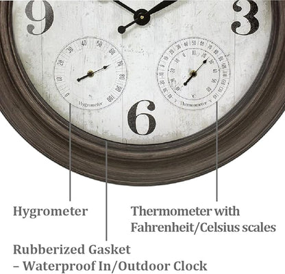 Presentime & Co. 26" Clifton in/Outdoor Farmhouse Clock with Thermometer & Hygrometer as All in One Weather Station, Farmhouse Wall Art and Timepiece for Home Decoration, Grey Oak Finish