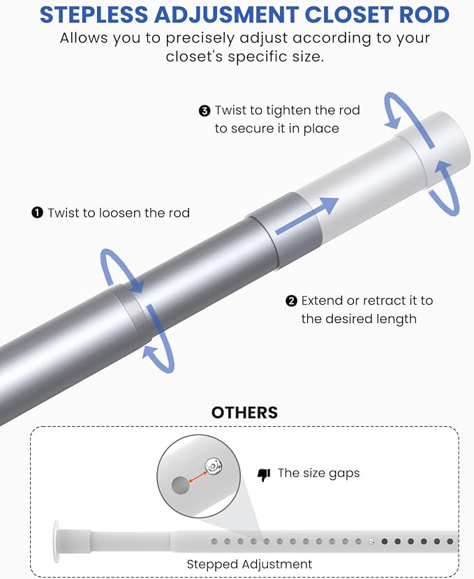 Supforce 2 Pack Closet Rods for Hanging Clothes, 17 to 39 Inches Stepless Adjustable Metal Closet Rod, 1.3 Inches Heavy Duty Clothes Hanging Rod for Closet Wardrobes Laundry RV, Silver