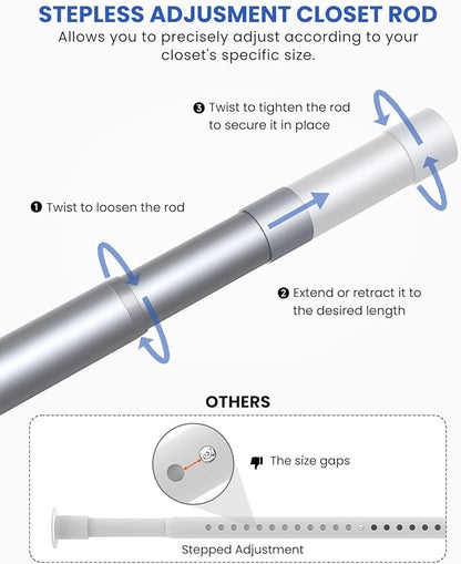 Supforce 2 Pack Closet Rods for Hanging Clothes, 17 to 54 Inches Stepless Adjustable Metal Closet Rod, 1.3 Inches Heavy Duty Clothes Hanging Rod for Closet Wardrobes Laundry RV, Silver