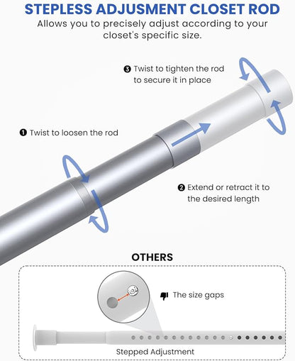 Supforce Closet Rods for Hanging Clothes, 17 to 69 Inches Stepless Adjustable Metal Closet Rod, 1.3 Inches Heavy Duty Clothes Hanging Rod for Closet Wardrobes Laundry RV, Silver