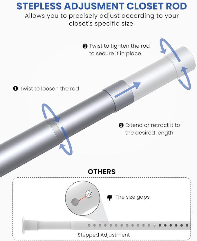 Supforce Closet Rods for Hanging Clothes, 17 to 39 Inches Stepless Adjustable Metal Closet Rod, 1.3 Inches Heavy Duty Clothes Hanging Rod for Closet Wardrobes Laundry RV, Silver