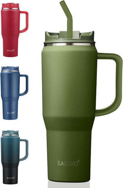 EALGRO 40 oz Tumbler with Handle, Insulated Tumblers with Lid and Straw, Large Metal Sports Water Bottle Jug, Thermal Stainless Steel Travel Coffee Mug Cup, Army Green
