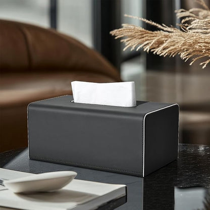 KINGFOM Tissue Box Cover, PU Leather Rectangular Tissue Box Holder with Magnetic Bottom Cover for Facial Tissues/Napkins, Office & Living Room Decor Box (Black)