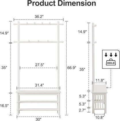 AQIMUELE Coat Rack with Shoe Storage, Wooden Hall Tree with Bench, 11 Hooks and 2-Tier Storage Shelves, 3-in-1, Entryway Bench with Coat Rack (31.5"-White)