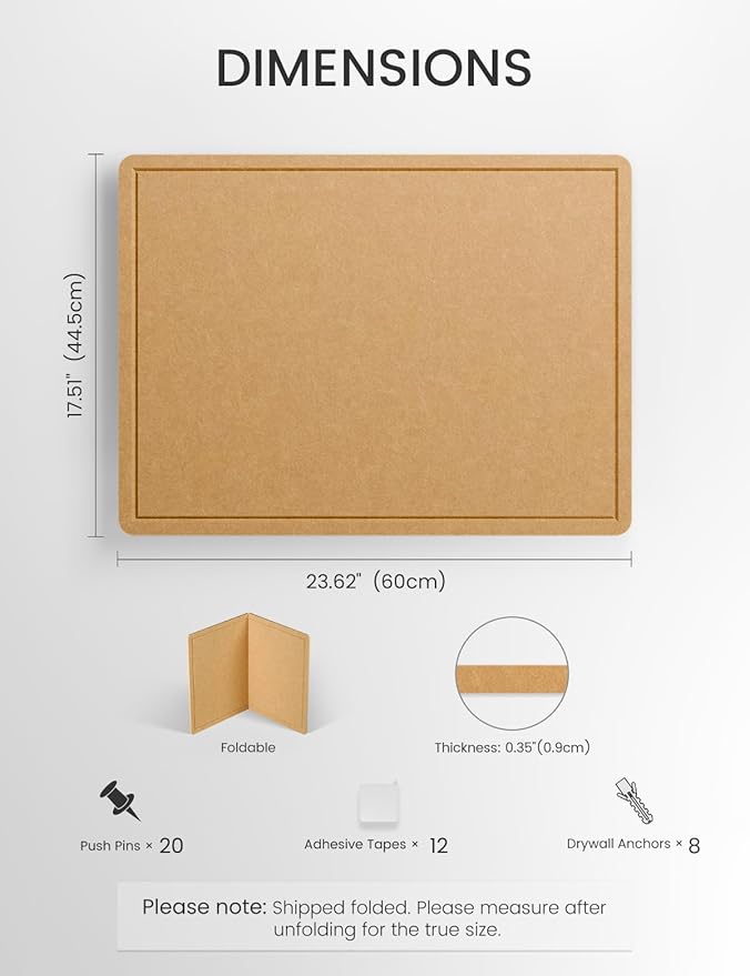 Fluxynara Bulletin Board, 23.6" x 17.5" Cork Board Alternative with 12 Safe Removable Adhesive Tabs, Foldable Felt Pin Board for Home Office, Classroom, Bedroom,Entryway for Walls— Mustard Yellow