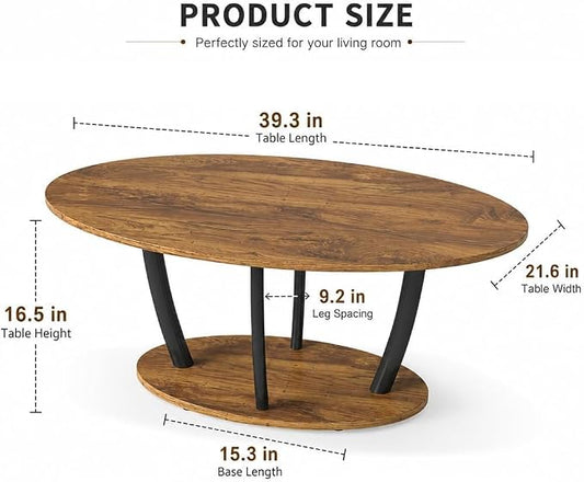 Manora Rustic Oval Coffee Table with Storage Shelf, 2-Tier Wood Grain Center Table for Living Room, Farmhouse Tea Table with Sturdy Black Legs for Apartment, Small Spaces, Easy Assembly, Brown