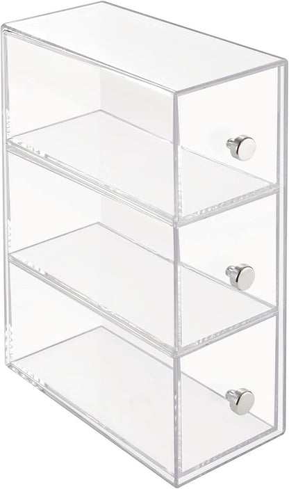 mDesign Plastic Kitchen Pantry Stackable Storage Organizer Container Station with 3 Drawers for Cabinet, Countertop, Holds Coffee, Tea, Sugar Packets, Creamers - Lumiere Collection - Clear