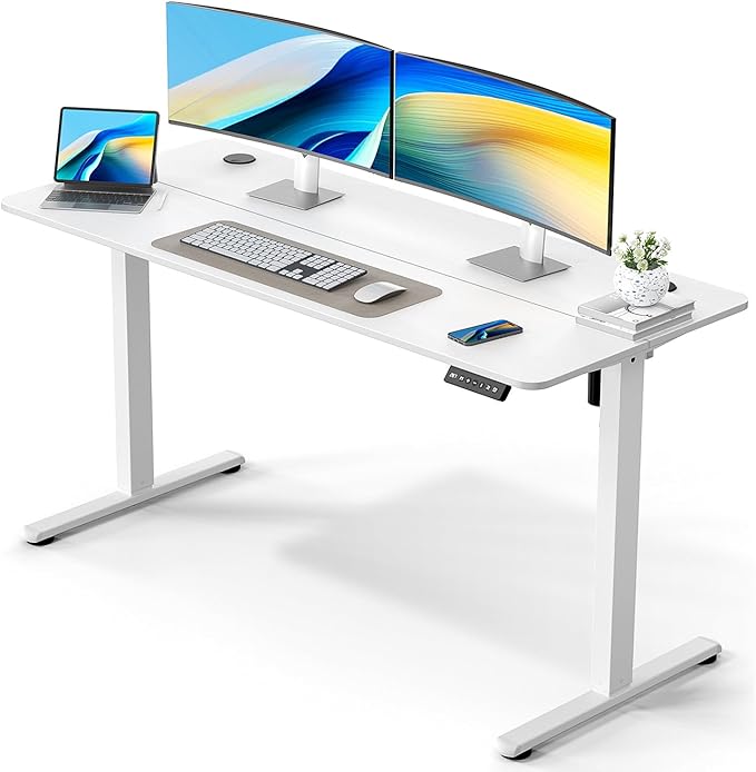 55" Electric Standing Desk Adjustable Height, Ergonomic Sit Stand Computer Desk for Home Office, Sturdy Motorized Workstation with Memory Controller & Timer, White