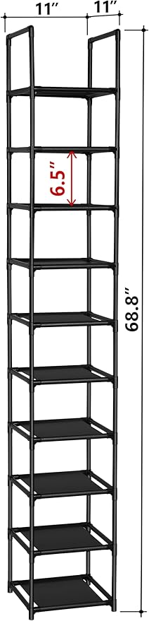 FIDUCIAL HOME 10 Tiers Vertical Shoe Rack 10 Pairs Skinny Shoe Shelf | Tall Narrow Space Saving for Entryway Closet, Easy to Assemble, 11"L x 11"W x 68.8"H