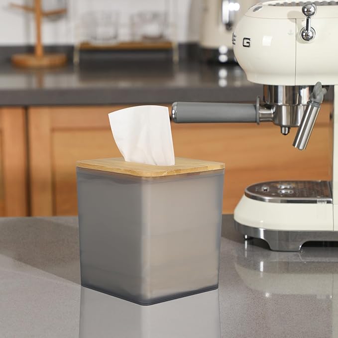 Tissue Box Cover Square,Tissue Box Holder with Bamboo Lid,Tissue Dryer Sheet Holder for Modern Farmhouse Boho Decor,1 Pack,(Black)