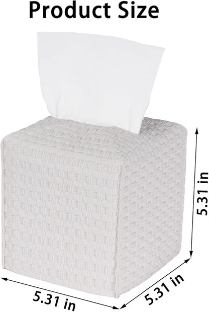 Tissue Box Cover 2-Pack, Square Tissue Holder with Bottom Belt, Modern Tissue Case Facial Paper Organizer Dispenser for Bathroom, Office, Home, Table, Car, Woven Pattern White