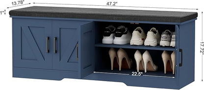 2-Tier Storage Bench, 47.2" Wide Shoe Bench with Padded Seat Cushion, Entryway Bench with 4 Barn Doors and Adjustable Shelf, Blue