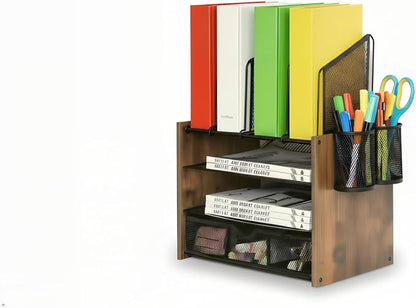 Wooden & Metal Desk Organizer – 4-Tier Vertical Desktop Storage with File Trays, Pen Holder & Drawer – Space-Saving Office & Home Workspace Organizer