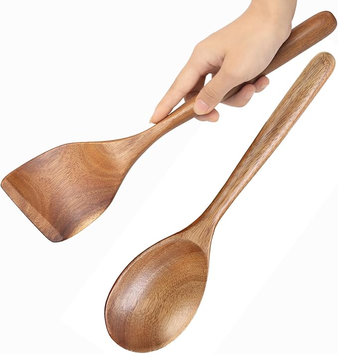 MornHalo 2PCS Acacia Wooden Spoons For Cooking 12-inch Smooth Finish Spatula Spoon And Cooking Spoons-Comfortable Grip Wood Spoons for Cooking - Non-Stick Wooden Cooking Utensils
