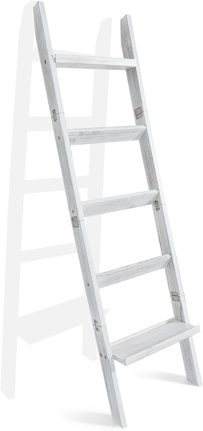 67" Wooden Blanket Ladders for The Living Room,5-Tier Ladder Shelf, Ladder Rack for Storage and Decor (Weathered White)