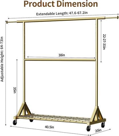 Luxspire Heavy Duty Clothes Rack Load 600 LBS, Double Rod Clothing Rack, Rolling Garment Racks with Lockable Wheels, Shelves, Adjustable Laundry Hanging Racks for Clothes, Gold