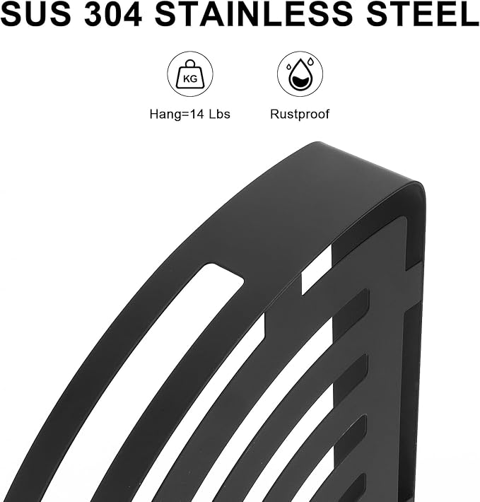 NearMoon Bathroom Shower Caddy 2 Pack, No Drill 304 Stainless Steel Shower Organizer with 2 Hooks (Corner Shelf, Matte Black)