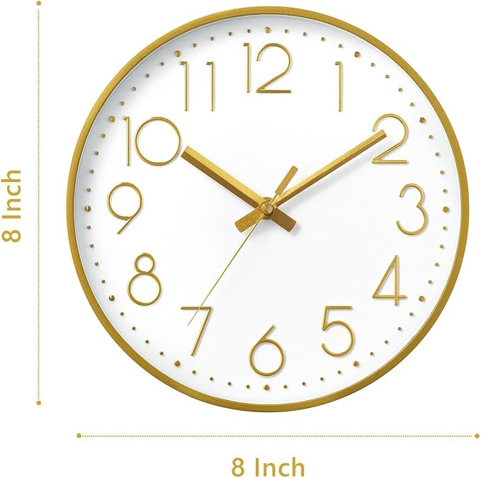 DAXSMY Wall Clock - 8 Inch Silent Non-Ticking Modern 3D Wall Clocks Battery Operated - Decorative Clock for Kitchen, Home Office, Bathroom, Bedroom(Gold)