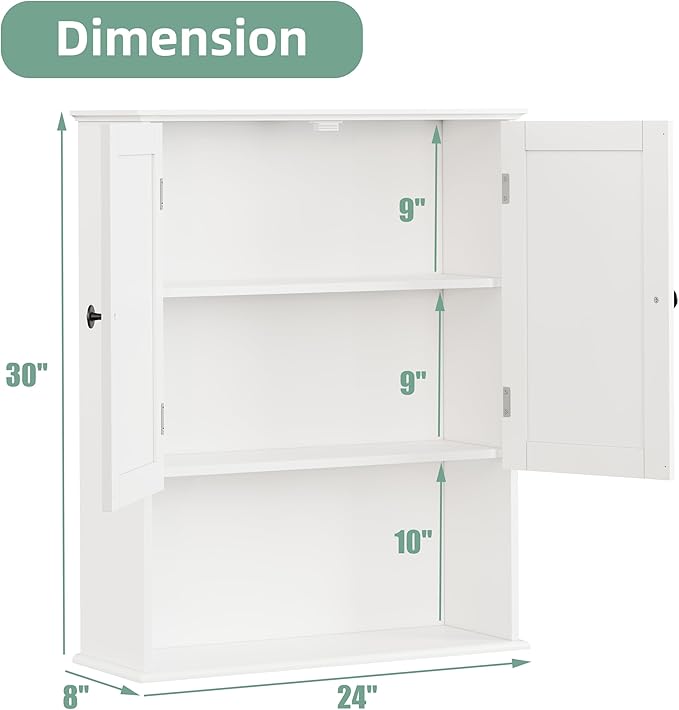 Bathroom Wall Cabinet 24"x30", Painted White Medicine Cabinet W/Adjustable Shelf, Easy Assembly Laundry Wall Cabinet Above Toilet Storage Cabinet Wall Mounted, Over the Toilet Storage Cabinet