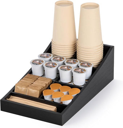 ANBOXIT Coffee Station Organizer for Countertop, Condiment Storage Caddy, Coffee Bar Supplies Organizer for Home, Office and Breakroom - Wooden, Black, 7 Compartment