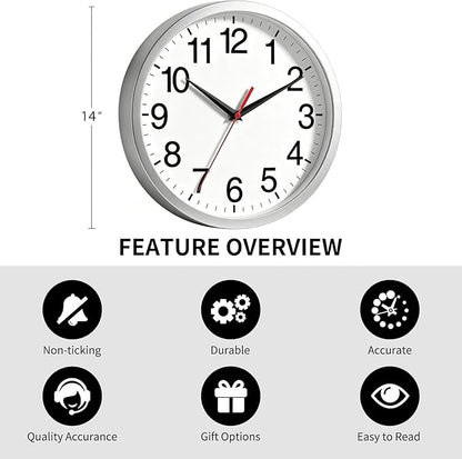 Rohioue 14 Inch Wall Clock Modern Battery Operated Silent Non Ticking Analog Clock Decorative for Bedroom Kitchen Bathroom Office Home Living Room (Silver)