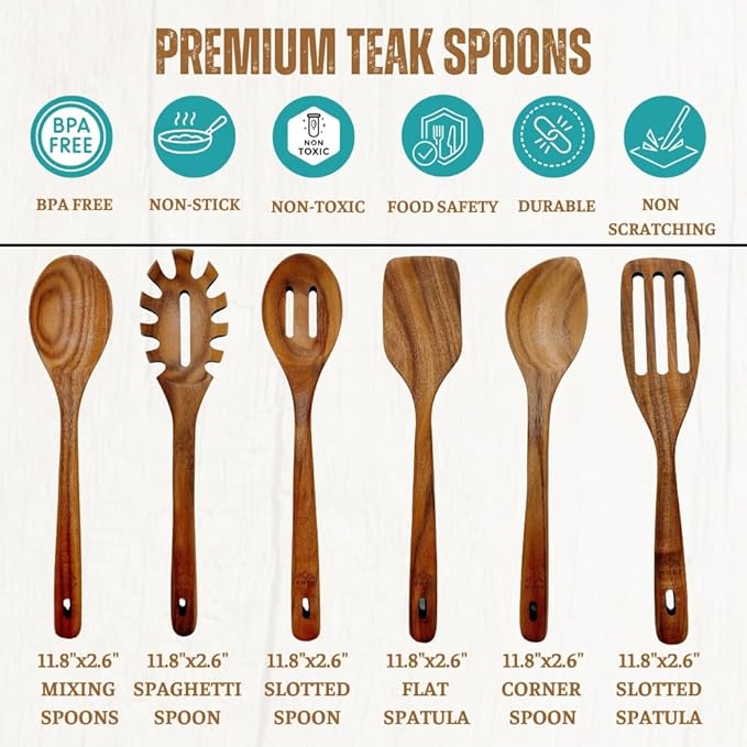 NHAF Wooden Utensils for Cooking, Premium Teak Healthy Spoons, Wooden Spoons for Cooking, Durable Eco-Friendly and Safe Teak Cooking Spoon, Cooking Gifts for Mom (set of 6) and Hooks