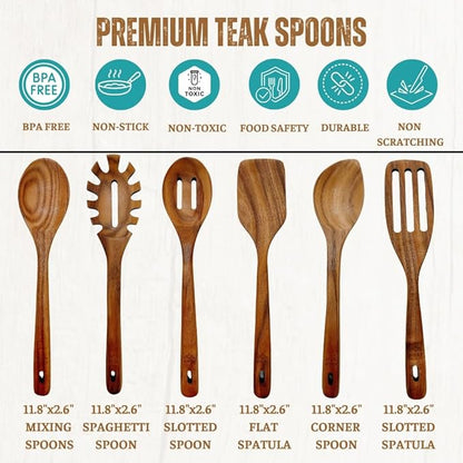 NHAF Wooden Utensils for Cooking, Premium Teak Healthy Spoons, Wooden Spoons for Cooking, Durable Eco-Friendly and Safe Teak Cooking Spoon, Cooking Gifts for Mom (set of 6) and Hooks