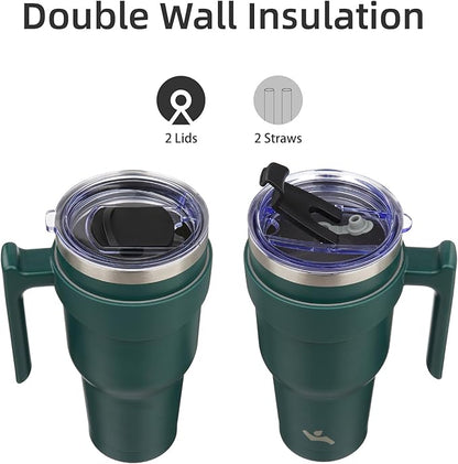 40 oz Tumbler with Handle and 2 Straw 2 Lid, Insulated Water Bottle Stainless Steel Vacuum Cup Reusable Travel Mug,Army Green