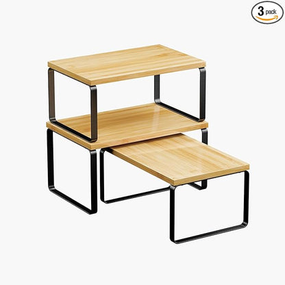 Simple Trending Bamboo Cabinet Organizer Shelf, Set of 3 Kitchen Counter Shelves, Stackable Expandable Spice Rack Kitchen Storage, Black and Natural