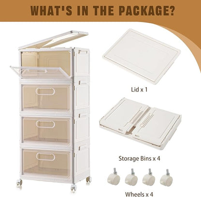 Freebat 4-Tier Stackable Storage Bins with Lid, 23QT Storage Containers,Clear Foldable Plastic Drawer Storage on Wheels,Closet Organizers and Storage for Living Room,Bedroom,Office,Dorm