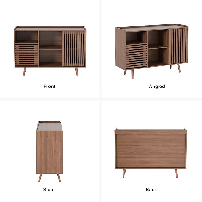 47.2" Buffet Cabinet with Storage, Mid-Century Sideboard Coffee Bar Cabinet with Sliding Door for Living Room, Dining Room, Kitchen, Hallway, Walnut