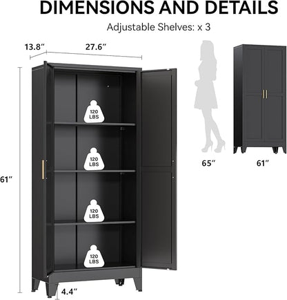 COFaR 61" Tall Pantry Cabinet in Black, Modern Storage Cabinet with Adjustable Shelves, Sturdy Metal Cupboard for Kitchen, Office, Living Room & Bathroom Organization