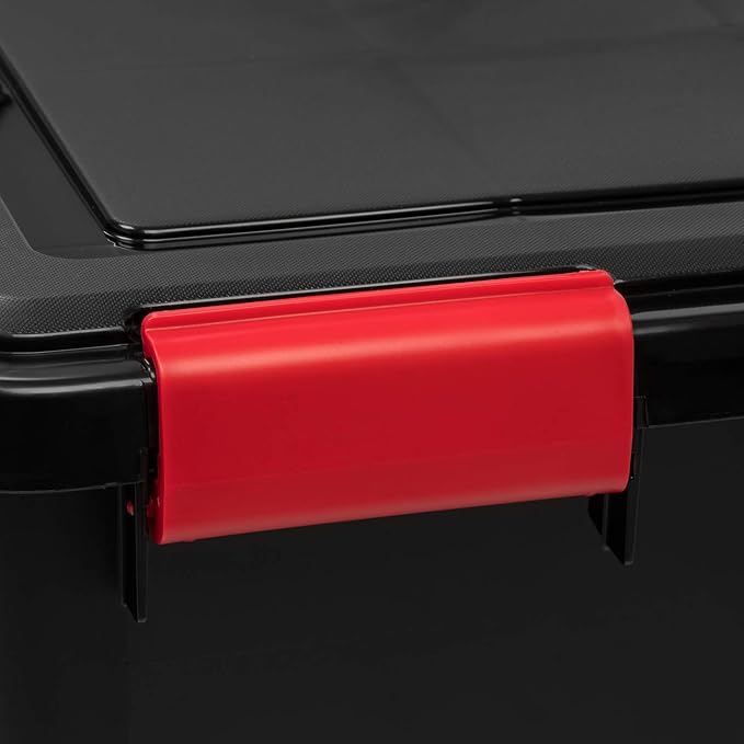 IRIS USA WeatherPro 31 Qt Storage Bins with Lids, 4 Pack, BPA-Free Plastic Gasket Box with Tight Latch and Seal, Stackable Nestable Tote Tub - Black/Red