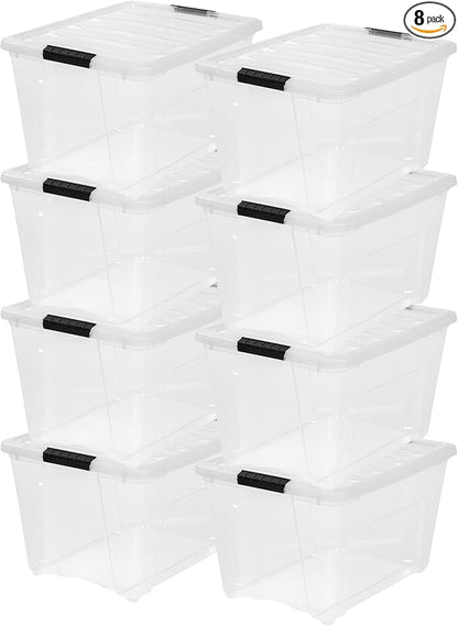 IRIS USA 54 Qt Stackable Plastic Storage Bins with Lids, 8 Pack - BPA-Free, Made in USA - See-Through Organizing Solution, Latches, Durable Nestable Containers, Secure Pull Handle - Clear