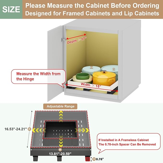 Pull out Cabinet Organizer,Expandable Width(15"-21") and Depth(17"-24") with 3 Rails,Roll out Drawers,No Drill Adjustable Slide out Shelves for Kitchen,Pantry,for Both Lip and Lip-Free Cabinets,Black
