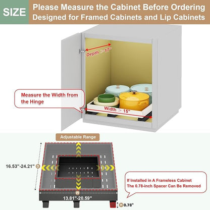 Pull out Cabinet Organizer,Expandable Width(15"-21") and Depth(17"-24") with 3 Rails,Roll out Drawers,No Drill Adjustable Slide out Shelves for Kitchen,Pantry,for Both Lip and Lip-Free Cabinets,Black