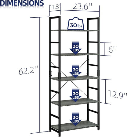 NUMENN 5 Tier Bookshelf, Tall Bookcase Shelf Storage Organizer, Modern Book Shelf for Bedroom, Living Room and Home Office, Dark Grey