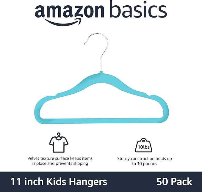 Amazon Basics Kids Velvet, Non-Slip Clothes Hangers for Infant and Toddler, 11.6 inches (for baby clothes), Pack of 50, Blue