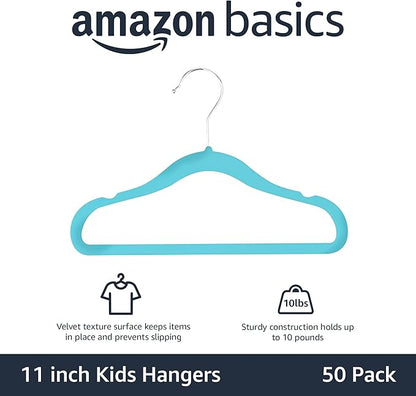Amazon Basics Kids Velvet, Non-Slip Clothes Hangers for Infant and Toddler, 11.6 inches (for baby clothes), Pack of 50, Blue