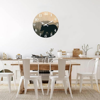 XFM Cabin Bear Wall Clock 20 Inch Silent Wooden Wall Clocks Battery Operated Rustic Farmhouse Wildlife Clock for Lodge Living Room Kitchen Office